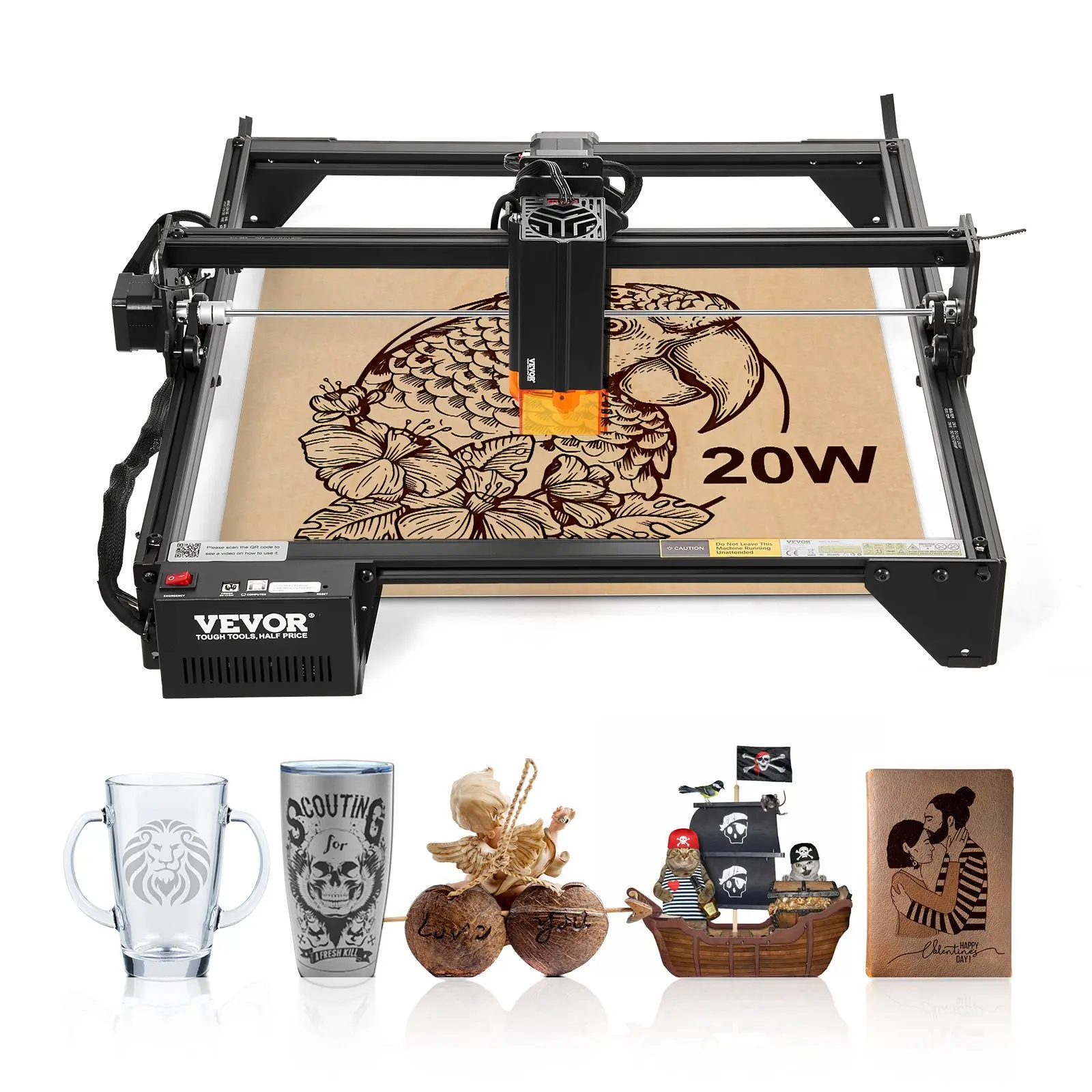 VEVOR 20W Laser Engraver Cutter Machine, 35x40cm/13.7x15.7in Working Area, 10000mm/min Movement Speed, Compressed Spot, Eye Protection, for Wood, Select Metals