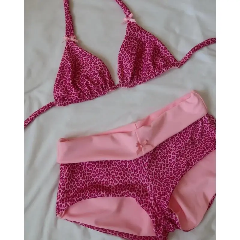 Women Halter Neck Triangle Bikini Sets Vintage 90s Aesthetic Bathing Suits Summer Boy Shorts Swimsuits y2k Coquette Swimwear