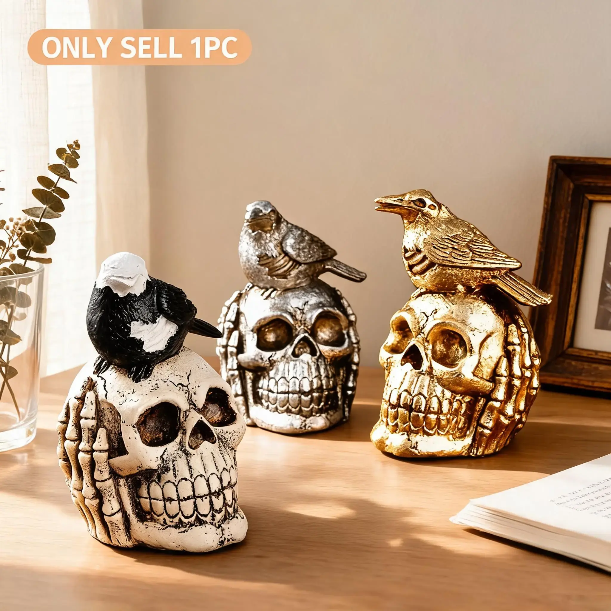 Halloween Horror Skull Decor, Modern Resin Crow Skull Ornament, Desktop Decoration, Gothic Style, Halloween Party Decor, Home Decor Ornament, Decoration Items