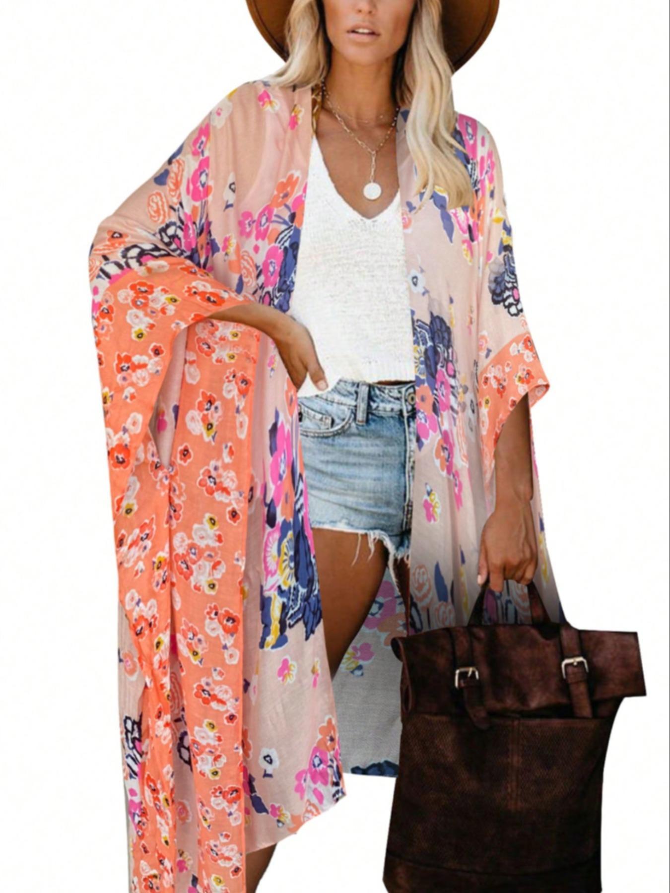 Women's Floral Print Kimono, Casual Open Front Cover Ups Outerwear for Beach Vacation, Ladies Clothes for All Seasons, Clothing, Womenswear