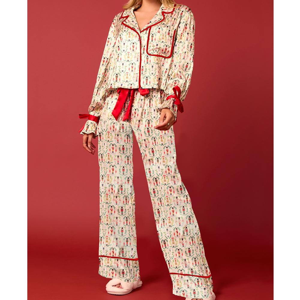 Women 2 Piece Christmas Pajamas Set Bow Tie Santa Claus Long Sleeve Button Shirts Wide Leg Pants Cute Pjs Sets Xmas Sleepwear
