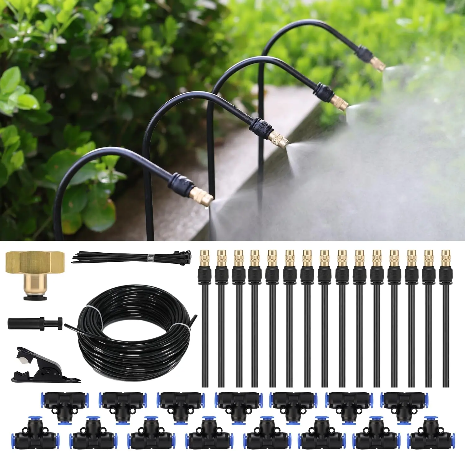 50FT Drip Irrigation System, Complete Garden Watering Kit with Rust-Proof Copper Nozzles - UV Stabilized Flexible Hose for Lawn, Greenhouse, Patio