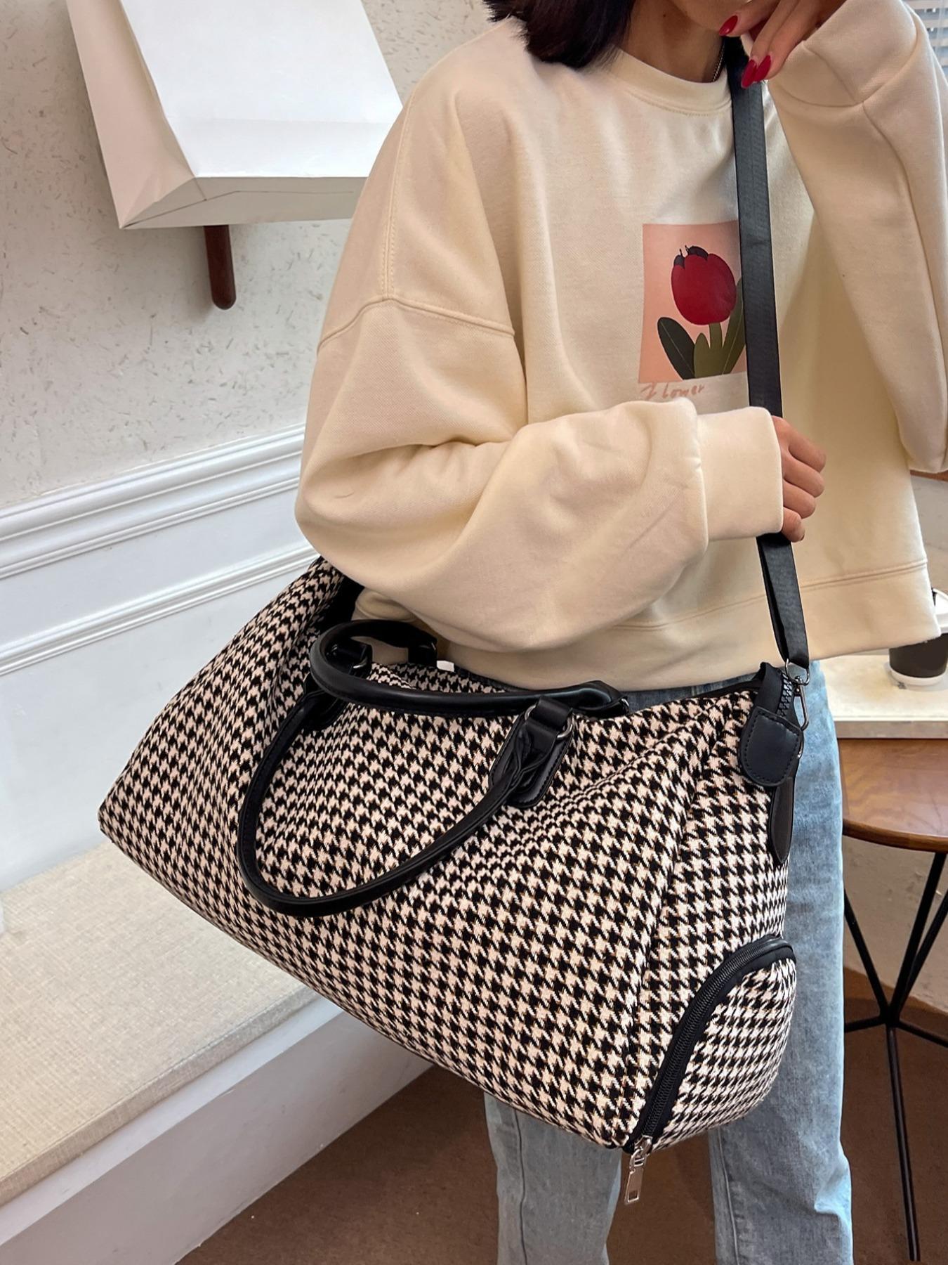 Houndstooth Pattern Travel Bag for Women & Men, Lightweight Large Capacity Zipper Bag, Casual Trendy Versatile High-quality Daily Commuting Bag, Travel Duffle Bag, Travel Duffel Bag, Canvas Travel Bags
