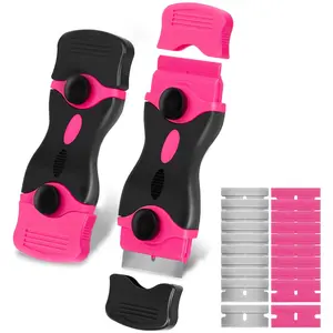 Women's 2-in-1 Curved Handle Double-Sided Razor Blade Scraper Set, 20pcs Blades Included, Adhesive Strips & Glass Finish Scrapers, Kitchen Home Tool for Window Label Removal, Glass Stove Top Cleaning, Adhesive Strips Scrapers