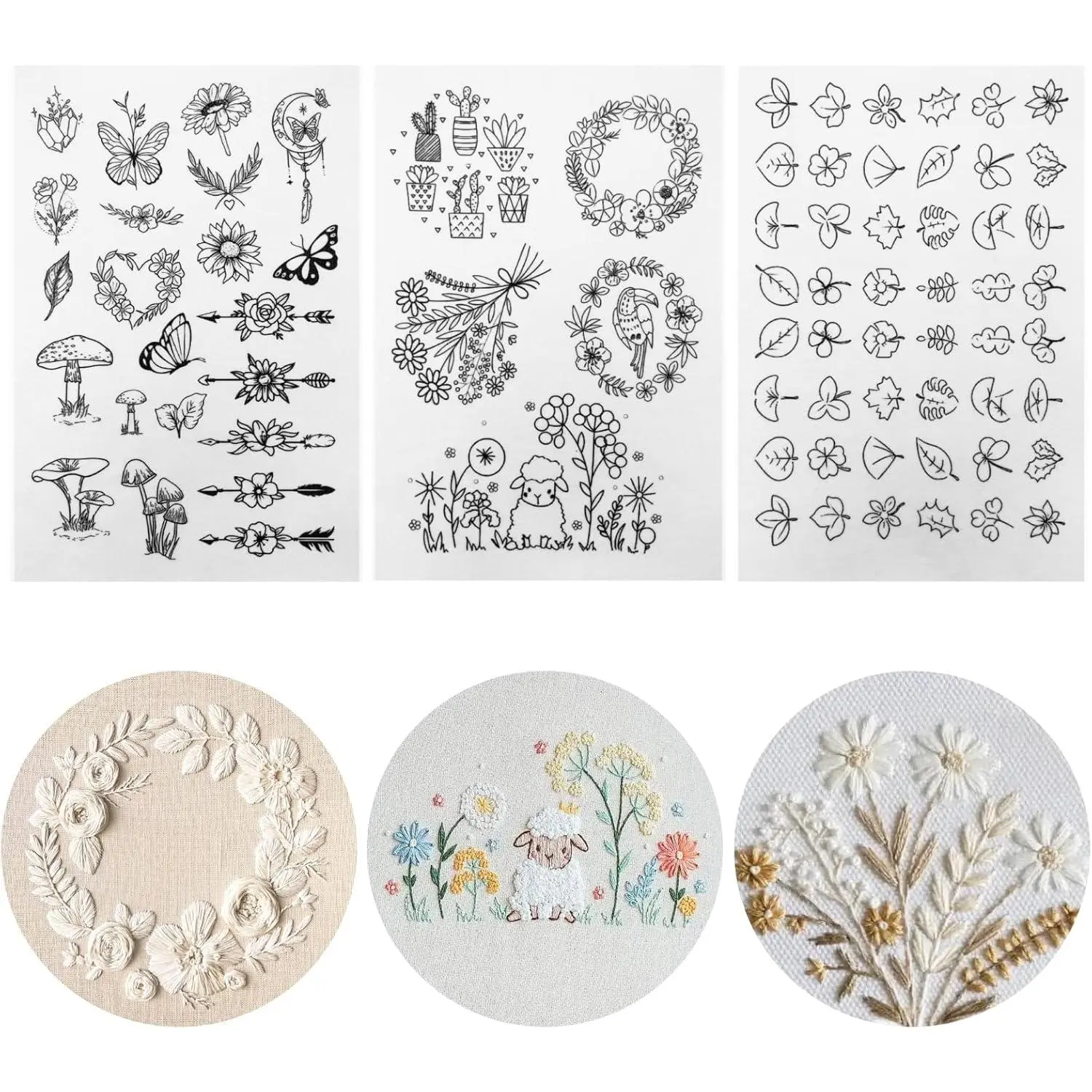75 count Stick and  Embroidery Paper Designs 3 Sheets A4 Water Soluble Stabilizer for Embroidery Patterns Adhesive Embroidery Transfer Paper with Pre-Printed Flower Leave Butterfly for Hand Sewing