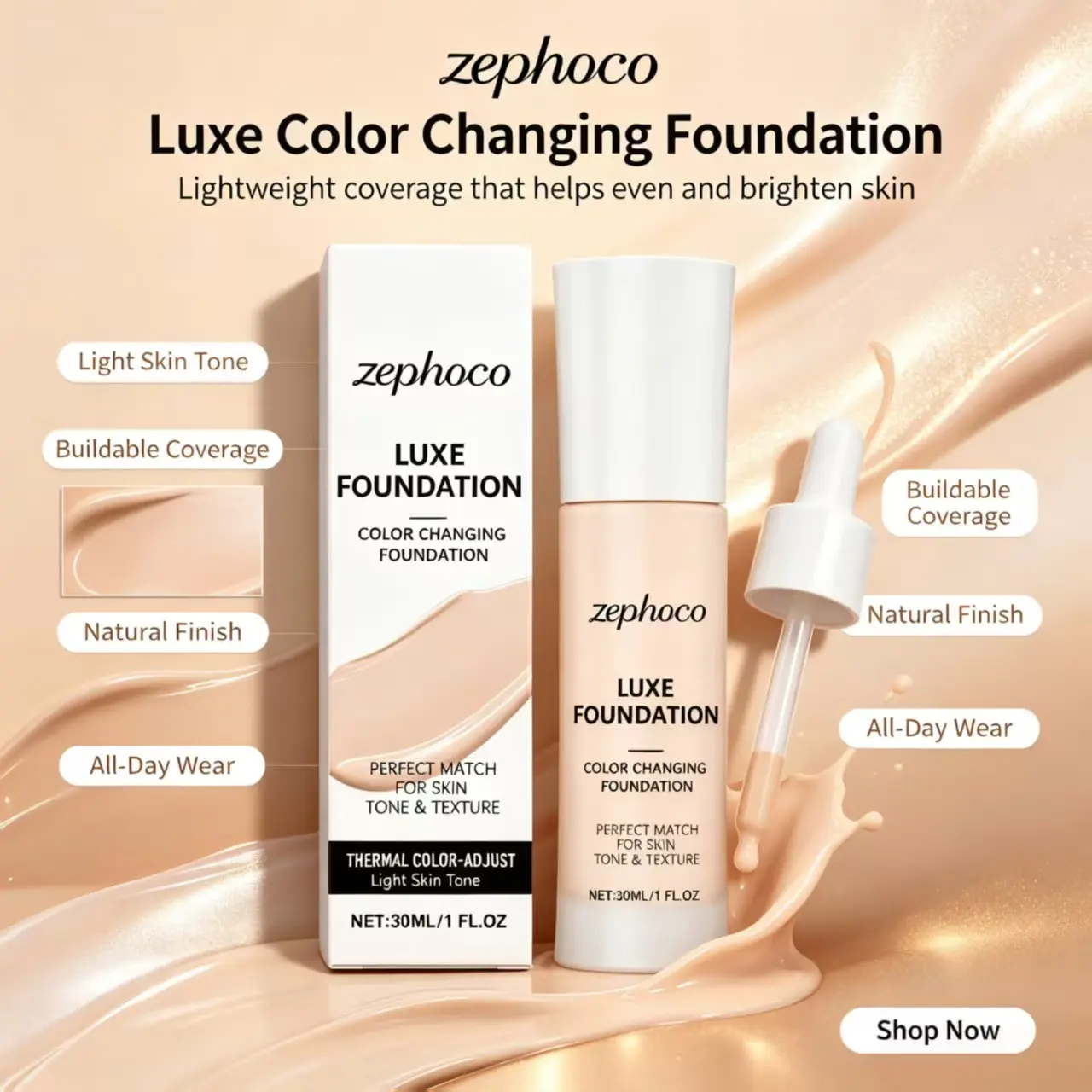 Zephoco Temperature-Adaptive Color Changing Foundation (Light Skin Tone), Natural Lightweight Gentle Formula, Skin-Fitting Long-Wear Base Makeup,Radiant,Serum,Foundation with SPF 50,size,beauty,freckle,liquid,forever,bloom,water,resistant,faux,freckles