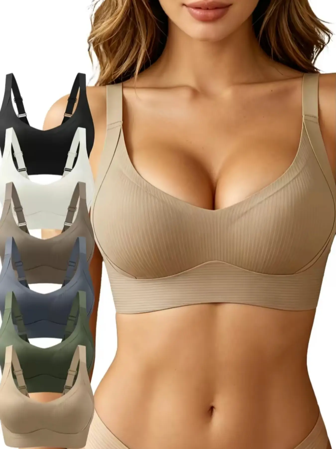 Women’s Multi Pack Seamless Ribbed Wireless Bras, Adjustable Strap Comfort Bralette Set, Soft Stretch Full Coverage Casual Bra Tops, Light Support Everyday Underwear for Sleep Lounge Yoga Wear
