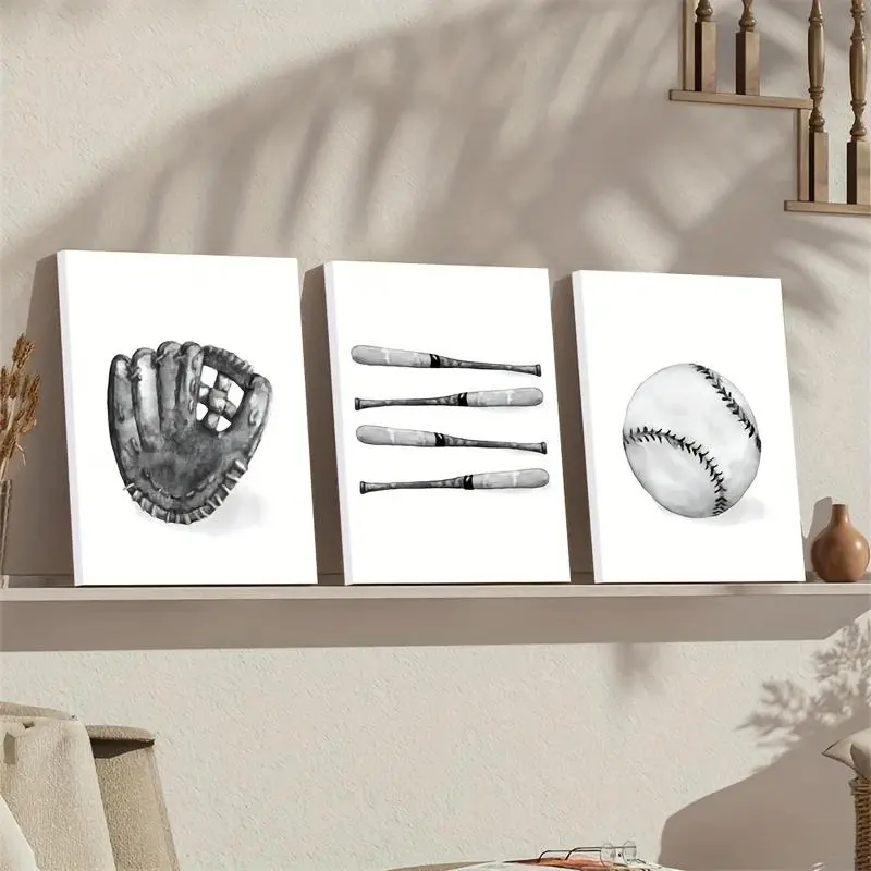 2D three-piece set of small canvas paintings, black and white baseball, bat, glove, watercolor decorative print oil painting, thickened home decor wall art, suitable for bedroom and living room
