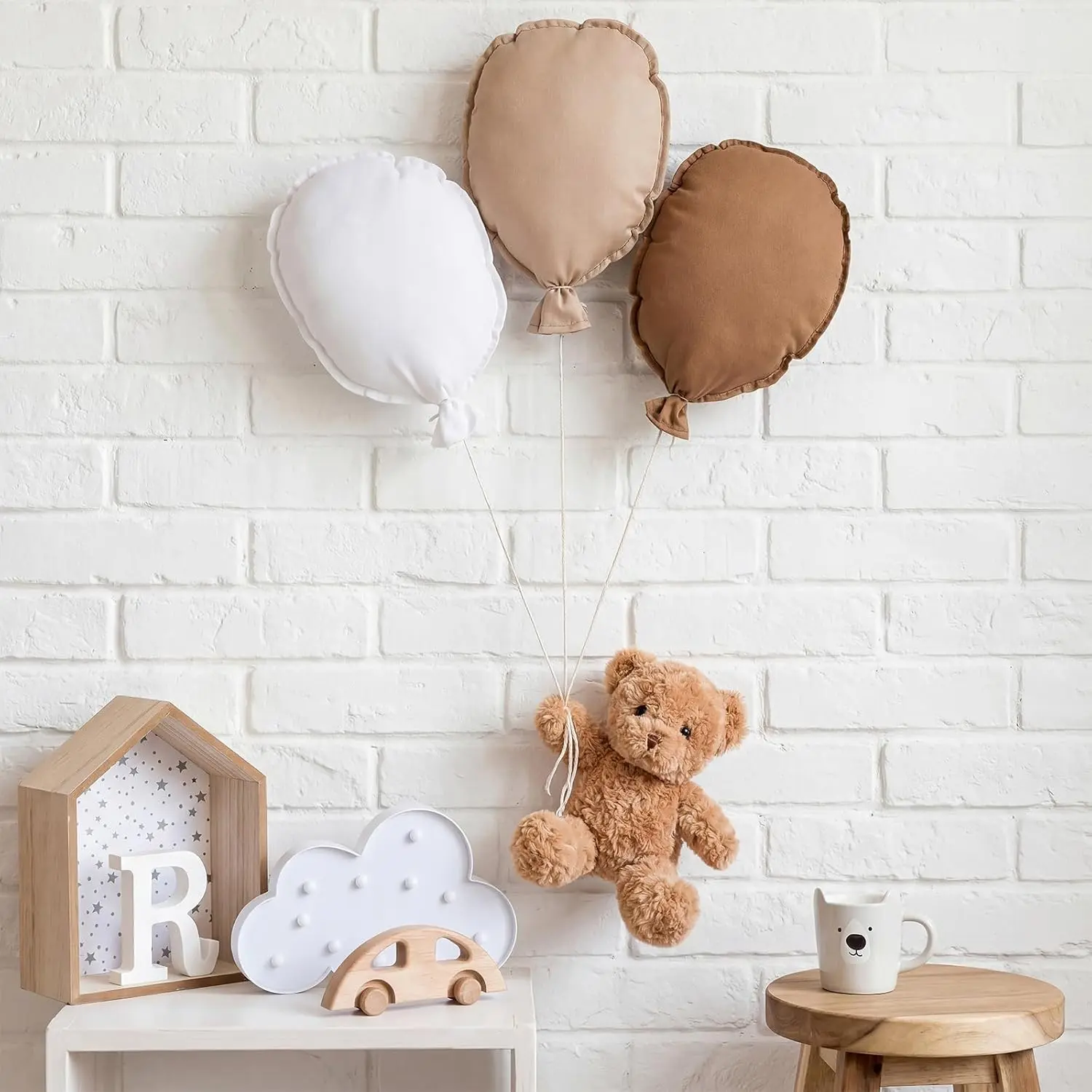 Gejoy 4-Piece Fluffy Fabric Balloon & Khaki Bear Animal Accent Hanging Decor, 11.8x9.8in Oval Hangable Lightweight Wall Decor for Nursery, Baby Shower Gifts (Iron-Safe Home Accessory), Balloon Cluster Hanging Decor
