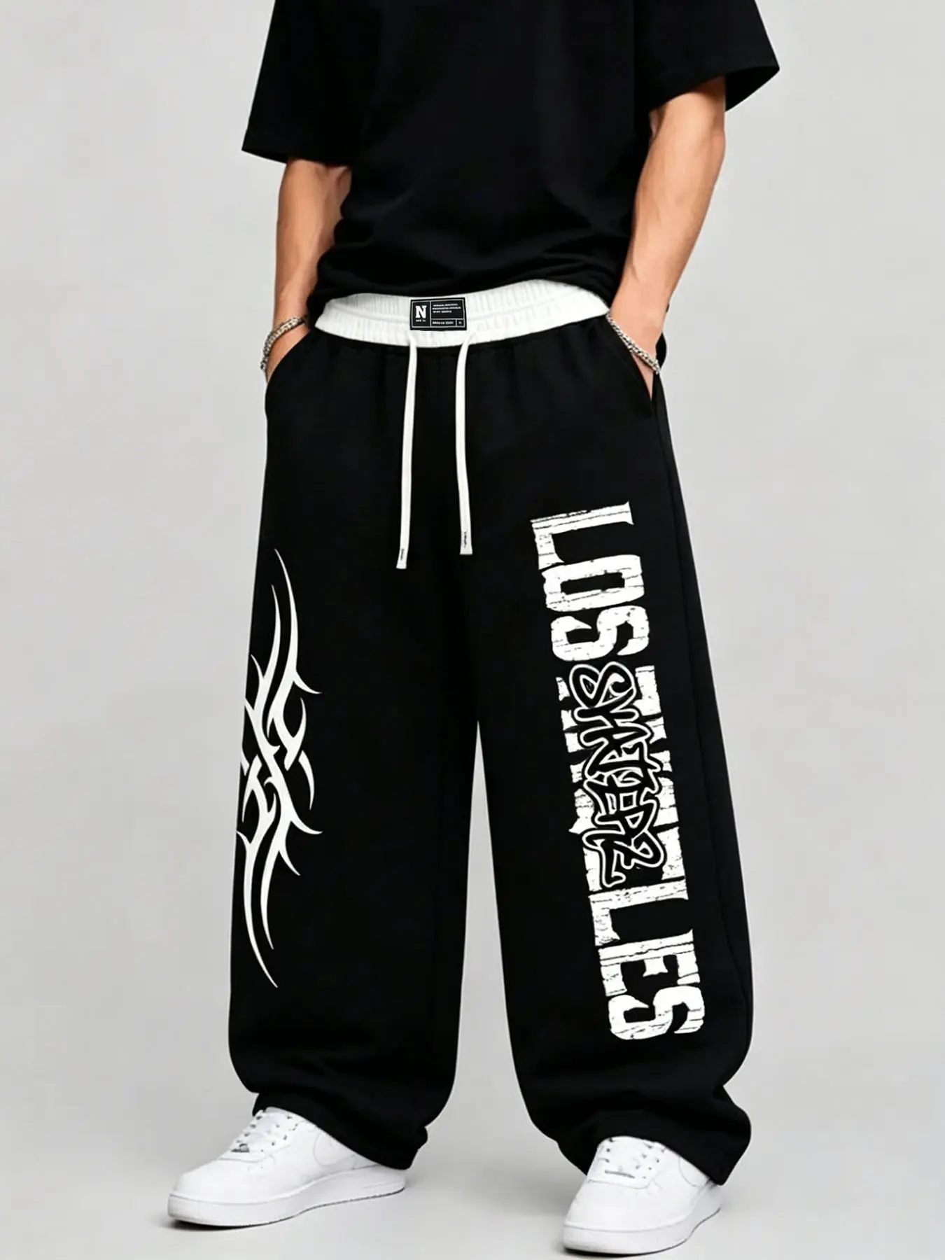 Streetwear Hip-Hop Print Sweatpants, Double Layer Waist Drawstring, Los Angeles Vintage Letter Graffiti, Street Dance Fashion