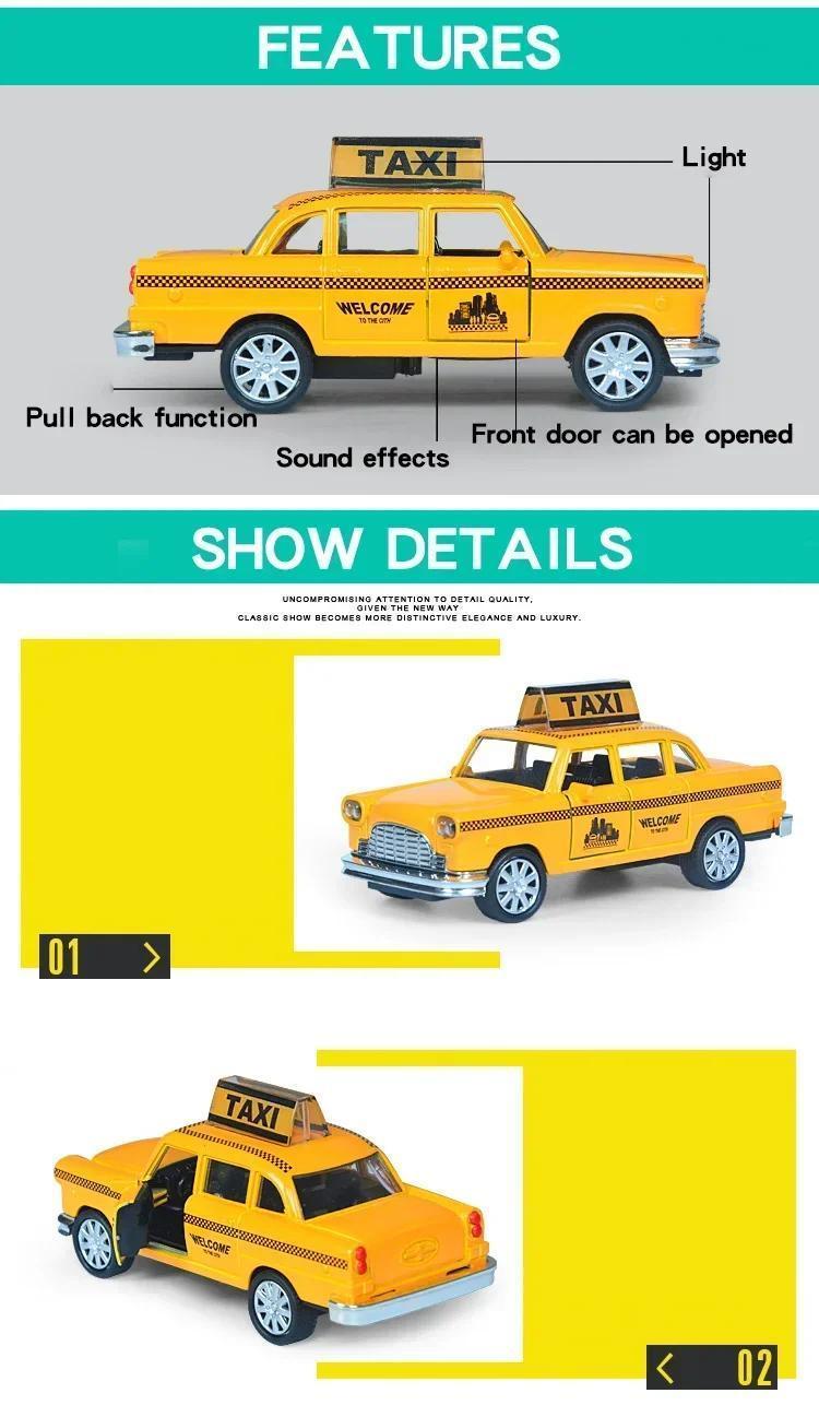 1/32 Retro Taxi Model Alloy Car Toy Miniature Car Collection Diecast Sound Light Kids Toys Children's Day Gift