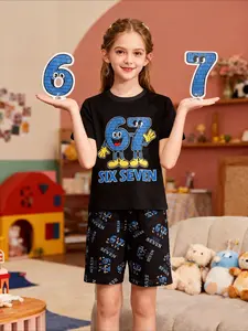 #67 Kids Cute Short Sleeve Shorts Pajama Set for Kids,  Funny Six Seven Cartoon Comfortable Soft Youth Sleepwear, Spring Reading Festival, Boys & Girls Clothing