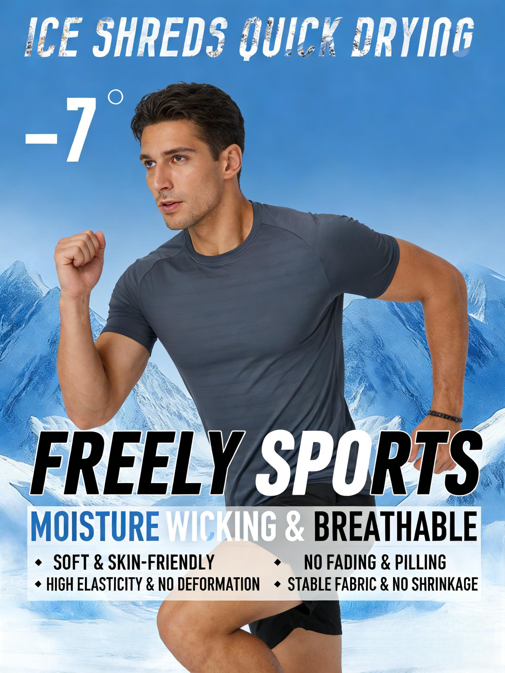 3PCS Men's Ice Silky Fiber T-Shirts | Breathable, Moisture-Wicking, High-Elasticity, Loose-Fit, Quick-Summer Sports Basic Round Neck Tees