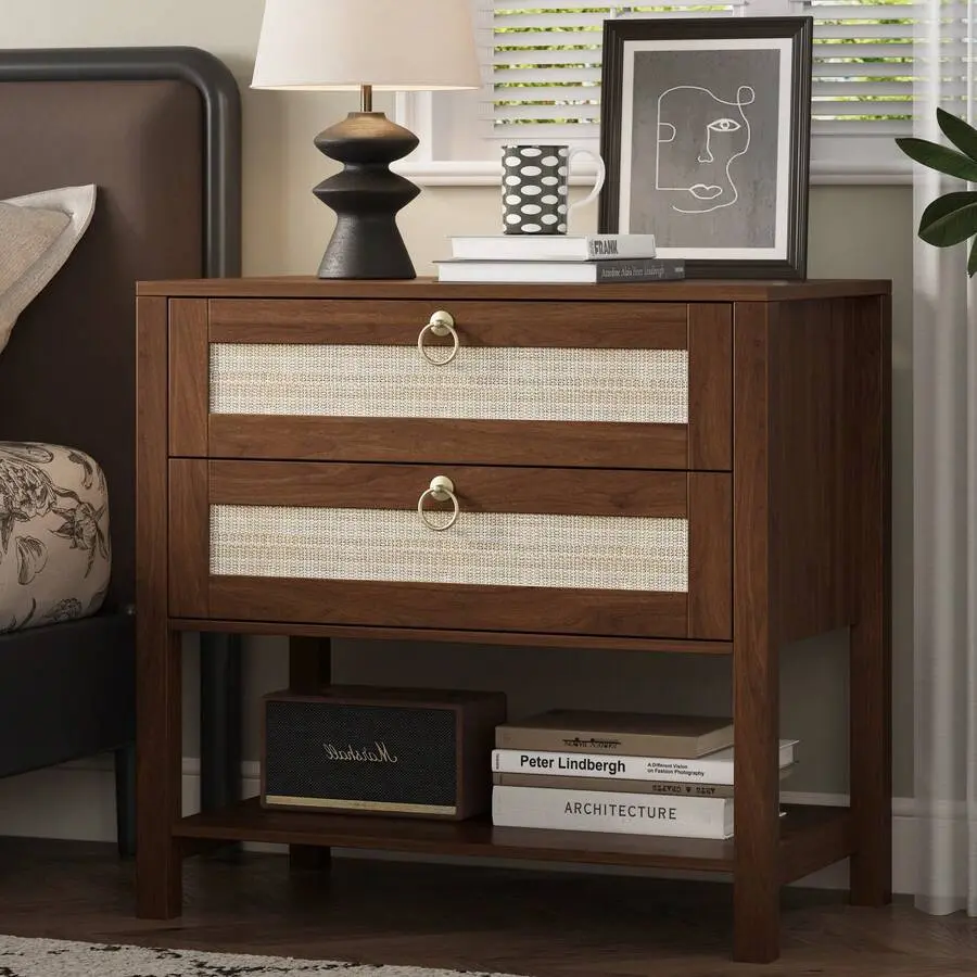 Wooden Nightstand with Rattan Boho Coastal Design - Engineered Wood, Large Surface, Storage Organization Drawer & Open Shelf, Protective Legs, Bedside/End Table for Bedroom, Living Room