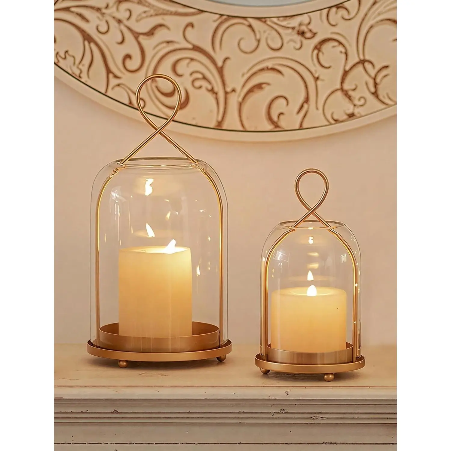 Glass Lanterns Decorative Outdoor, Gold Hurricane Candle Holders | Set of 2 Hanging Lantern for Pillar Candles, Table Centerpiece for Home Thanksgiving Christmas Party