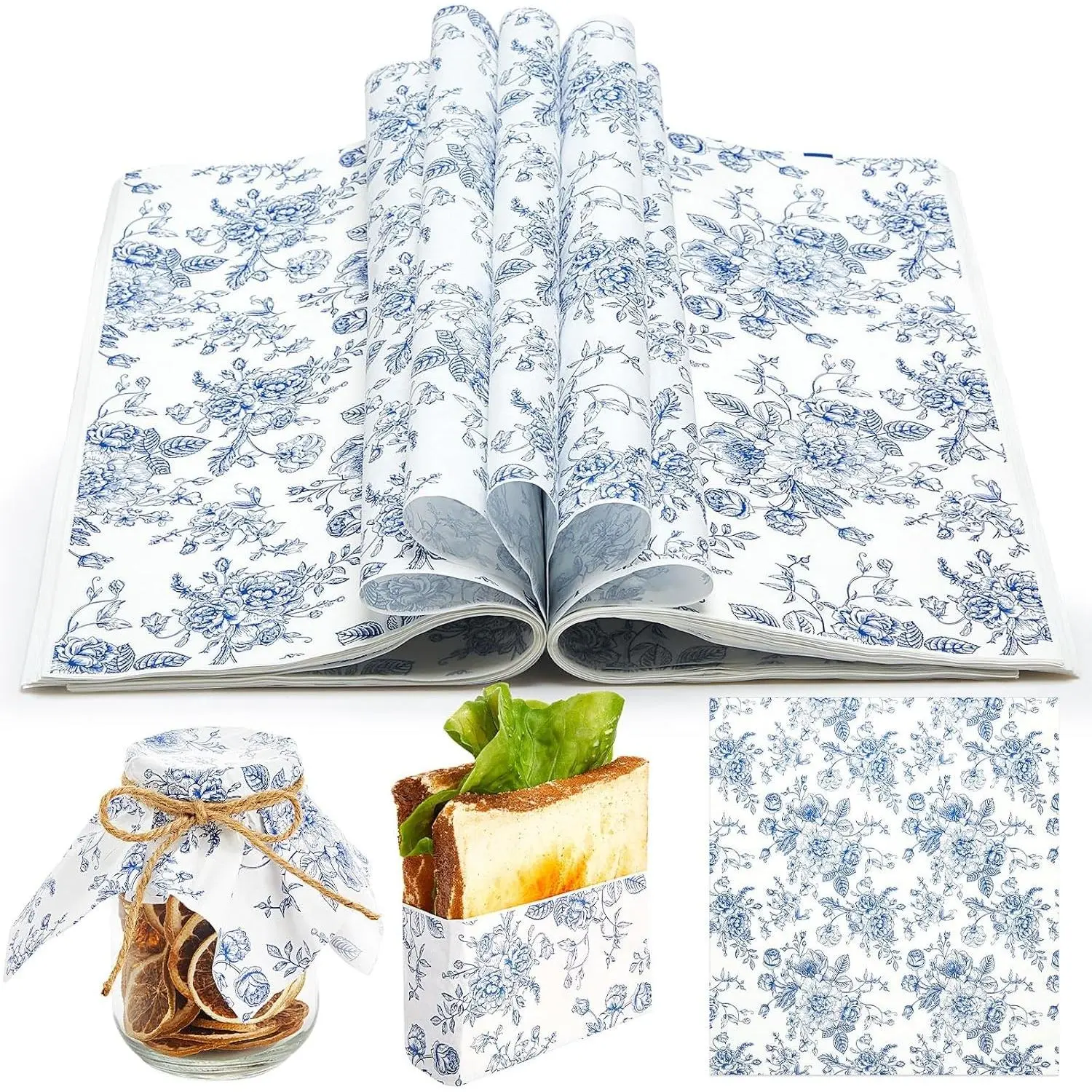 100 Sheets Rectangular Wood-Printed Blue Floral Greaseproof Food Wrapping Paper (11.4x11in) for Kitchen Picnic, Wedding Candy, Cookies Baking, Sandwiches, Burgers, Food Baskets