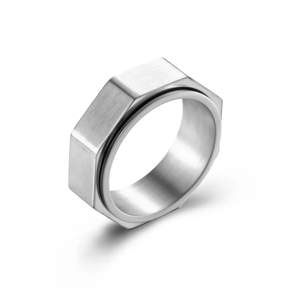 Unisex Brushed Stainless Steel Hexagonal Rotatable Anti-Anxiety Spinner Ring, Minimalist Industrial Style Artificial Gemstone Jewelry, Multi-Size Everyday Gift