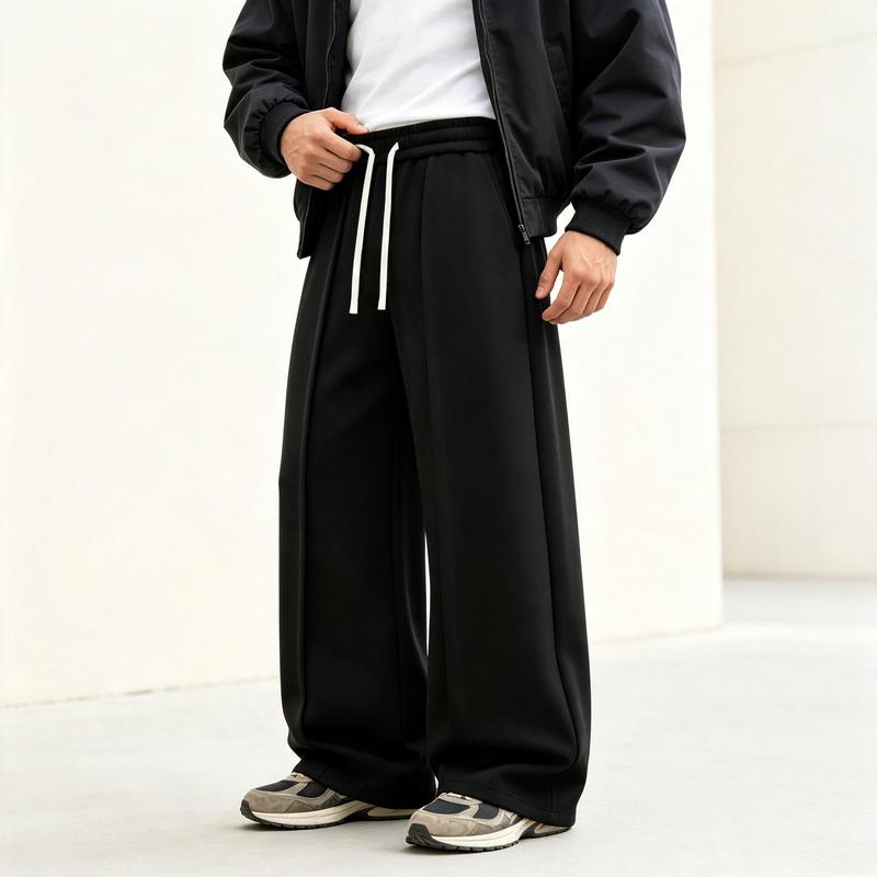 Men’s Athletic Joggers - Male Clothing, Regular Fit Relaxed Legs Streetwear Trousers, Long Length Polyester Blend, Contrast Drawcord Adjustable Belt, Vertical Seam, Ideal for Daily Outfits, Outdoor Runs