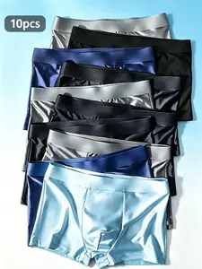10 Pcs Plain Ice Silk Men's Underwear, Casual Boxers/trunks, Lightweight Breathable, Multi-Color, All Seasons, Classic Fashionable