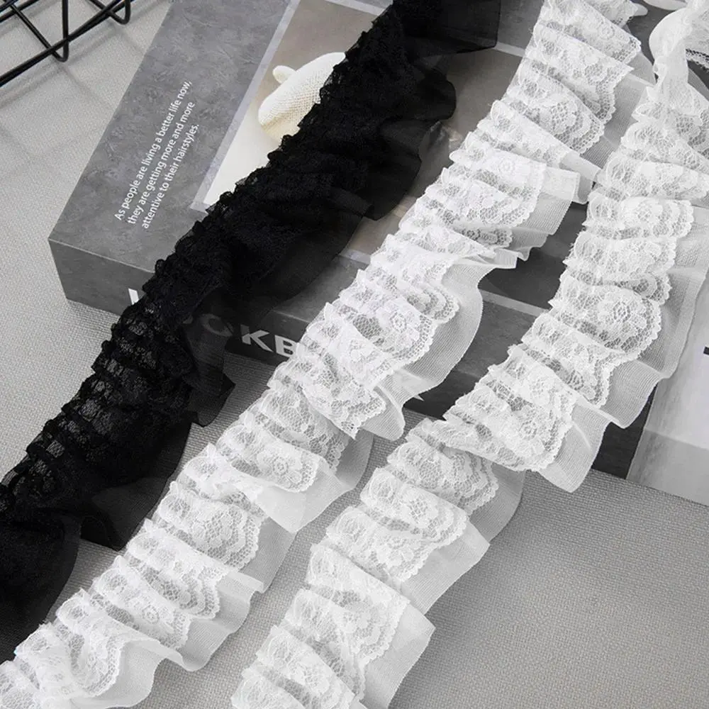 5cm Wide Black White 3D Pleated Lace Fabric Ribbon Double Sided Embroidery Ruffle Trim for Party Dress Decoration DIY Accessory