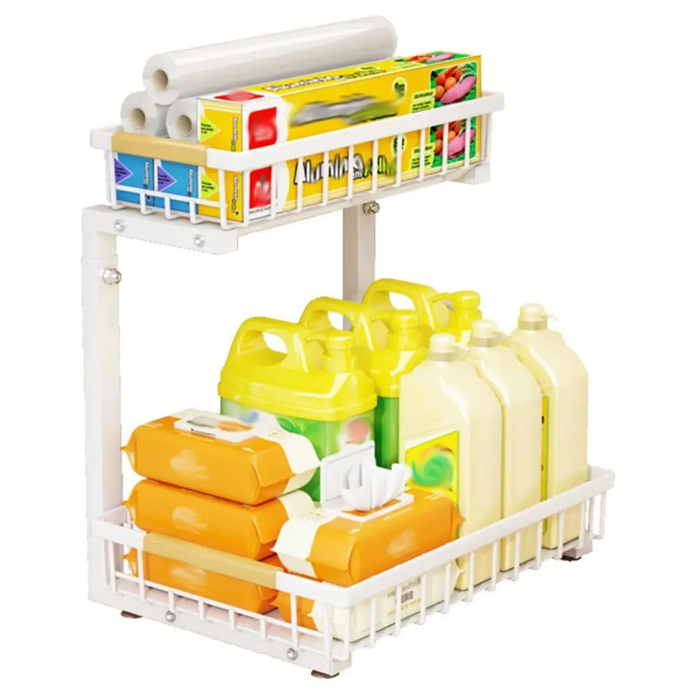 GARVEEUnder Sink Organizer, Pull Out Cabinet Organizer with Sliding Drawer 2 Tier Metal Storage Shelf Carbon Steel Under Sink Storage Organizer for Bathroom Kitchen Cabinet