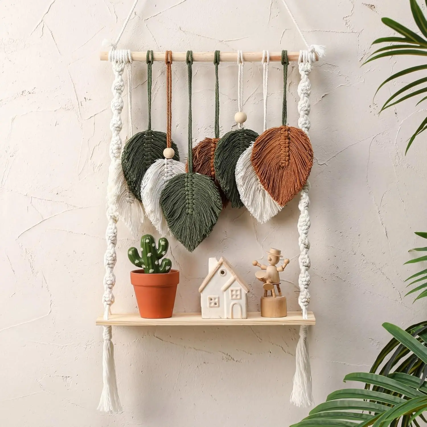 Handmade Boho Wooden Woven Floating Shelves, Decorative Wall Display Storage Shelf for Indoor Recreation Nursery, Bedroom Living Room (Sports & Outdoor Leisure Equipment), Bohemian, Storage Shelves