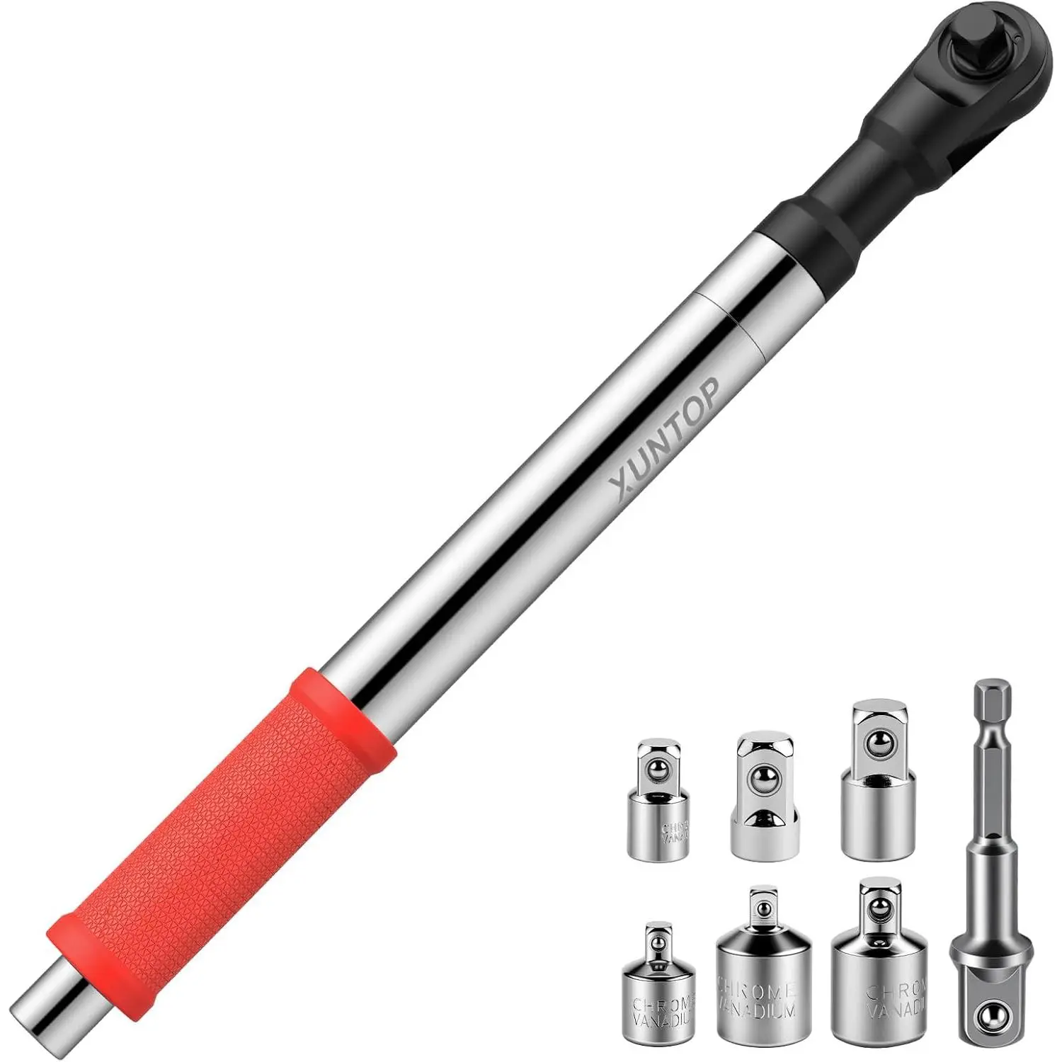XUNTOP 1/2" Offset Extension Ratchet Wrench, High-Strength Alloy Steel, with 1/2", 1/4", 3/8", 6 Socket Fit Inches Drivers Adapters, Non-Impact Ratchet Spanners & Wrenches for Tight Spaces, Tools for Mechanics Automobile Use campingessentials