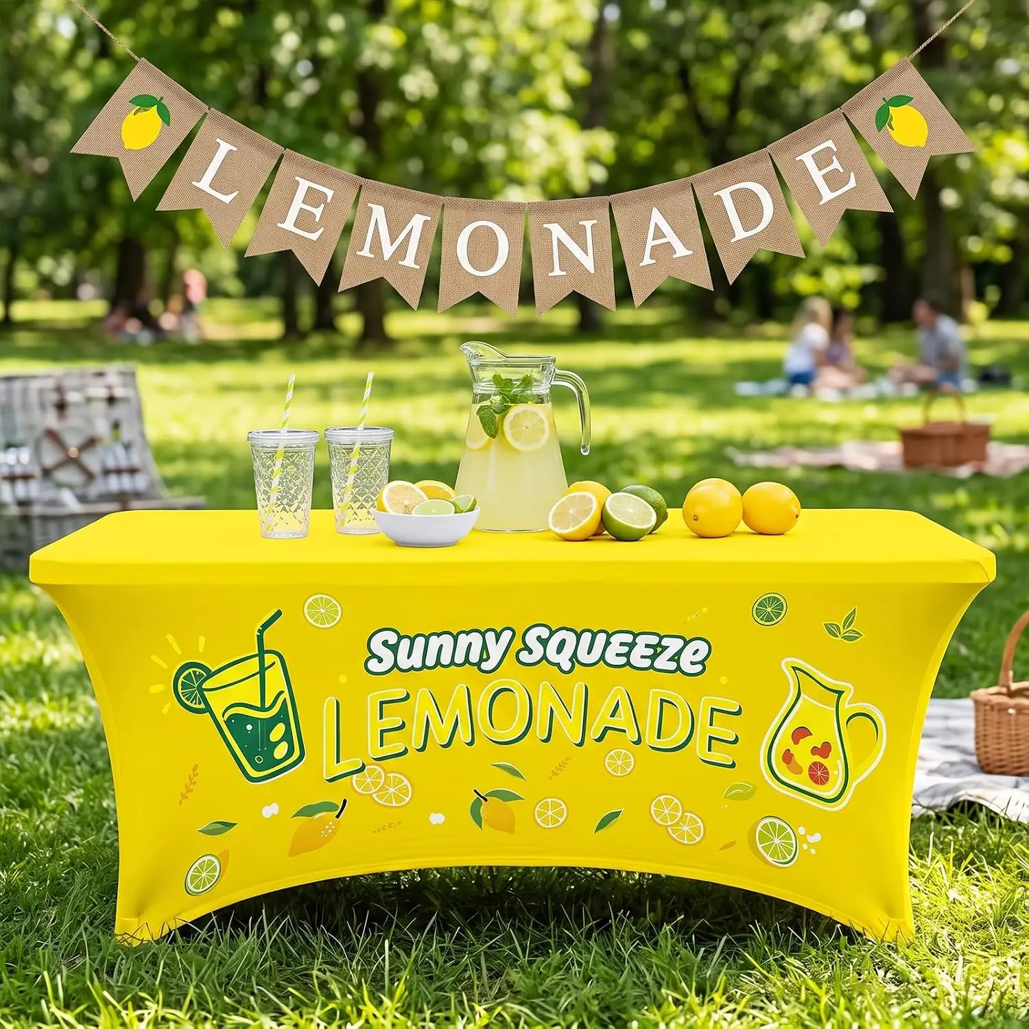 Lemonade Stand Decor Set - Stretch Table Cover & Burlap Banner, Yellow| 6FT Tablecloth Stretch Table Cover Lemonade Stand Supplies Table Cloth Kids