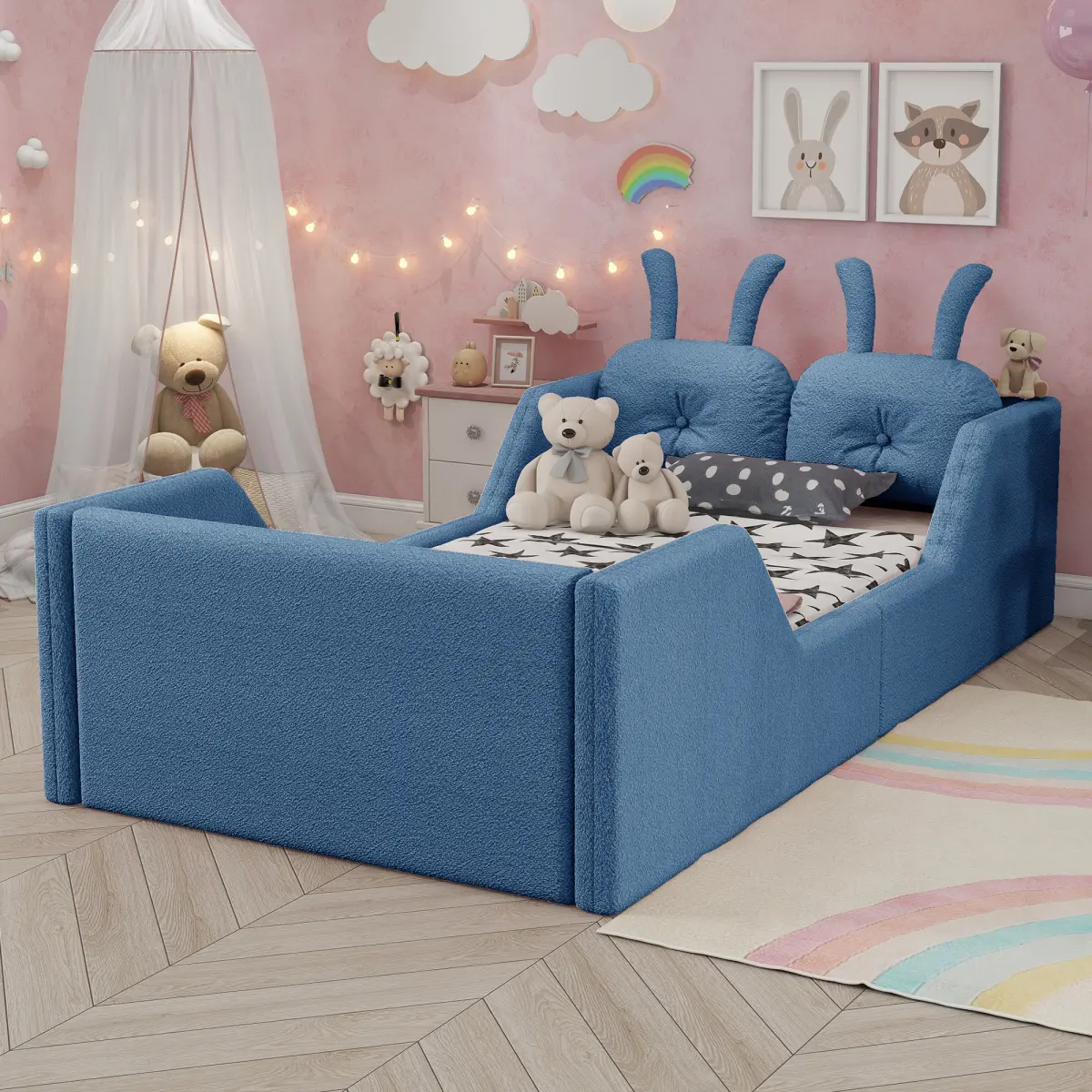 Twin Size Upholstered Floor Bed with 21-Inch Guardrails, Detachable Side Rails & Rabbit-Shaped Cushions, Teddy Fabric Foam Padding, No Box Spring Needed, Fits 8-Inch Mattress