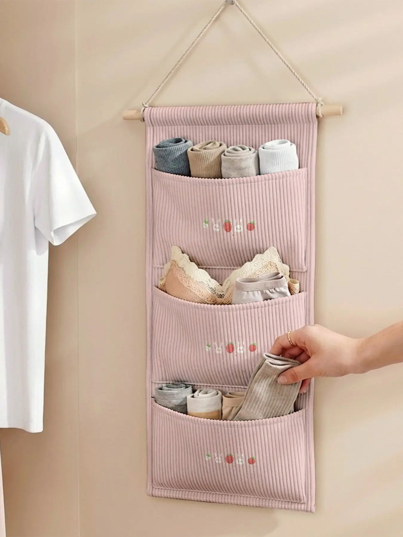 1pc Kitchen Door Hanging Storage Bag, Rabbit Strawberry Print, Three-Layer Multi-Compartment, Organize Kitchen Mess, Essential for Renters