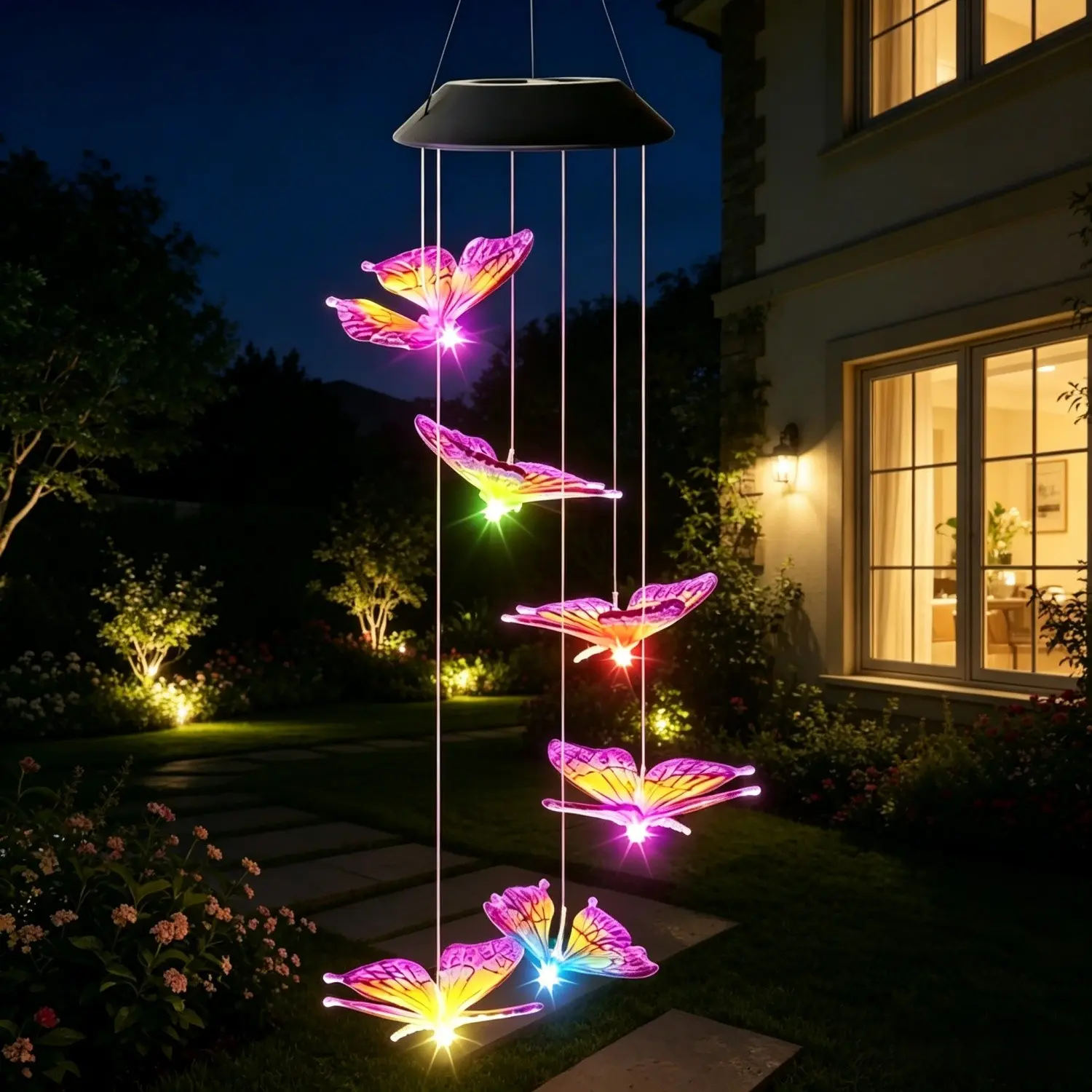 Solar Powered Butterfly Wind Chime Light, Waterproof LED Colorful Night Lamp, Outdoor Garden Patio Hanging Decorative Lantern, Solar Garden Lights