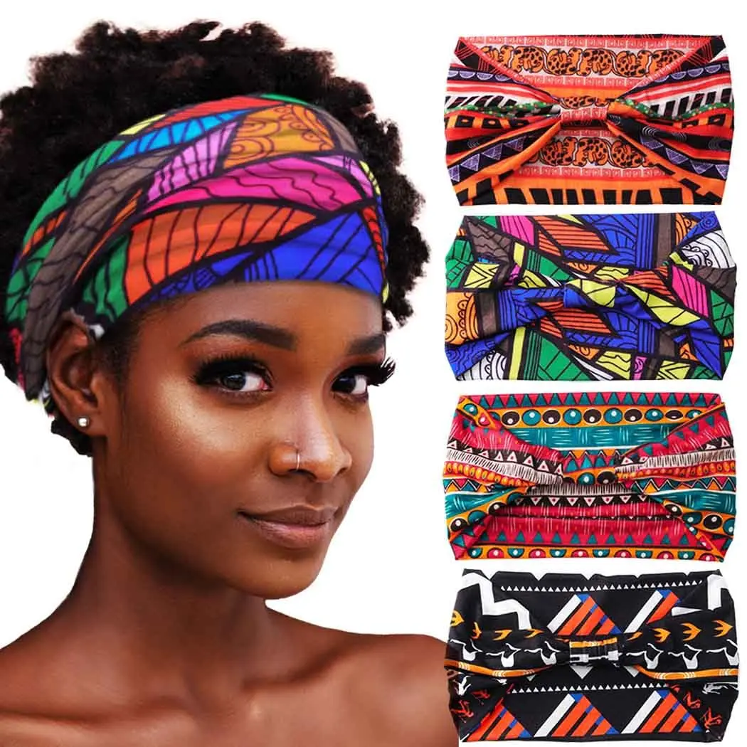 outdoor sports African Headbands Boho Knotted Hairbands Stretch Wide Head Wraps Elastic Yoga Turban Hair Scarfs Workout Printed Hair Accessories for Women Pack of 4 (Style A)