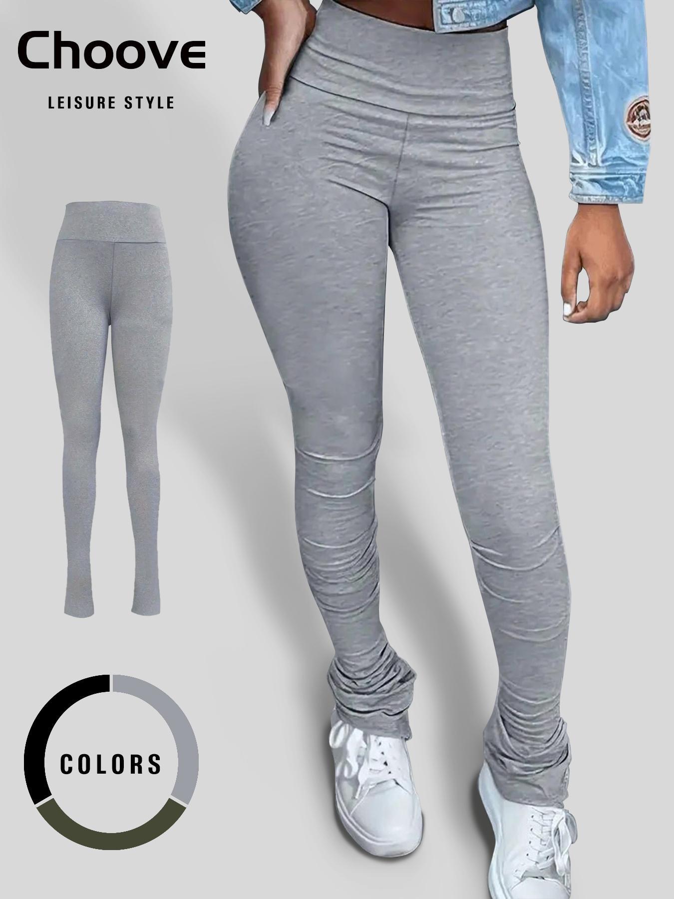 Women's Solid Ruched High Waist Skinny Pants, Casual Street Comfy Stack Trousers for Everyday Wear, Pants for Women, Ladies Bottoms for All Seasons