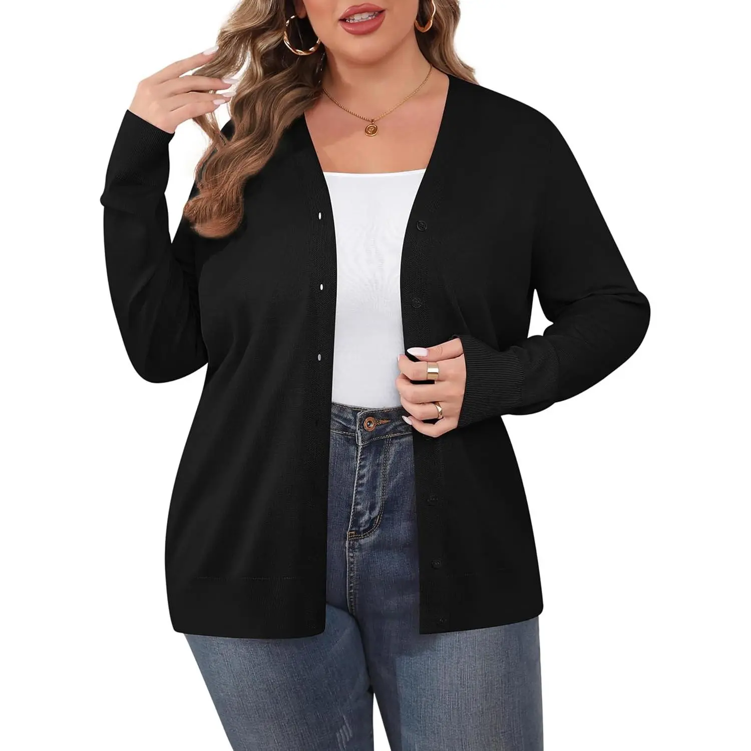 Women's Plus Size Cardigan Tops - Button Open Front, Long Sleeve, V Neck, Comfy Lightweight, Casual Kimono Style, Formal, Size XL-4XL (Sports & Outdoor Accessories Complement), Fabric, Nylon, Viscose, Elegant, Fit, Soft, Black, Sweater