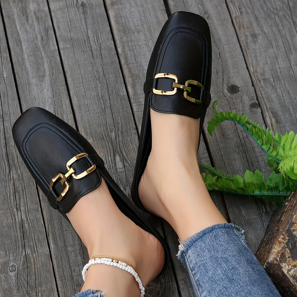 Women's Square Toe Flat Mules, Metallic Buckle Decorated Slip-On Backless Loafers, Fashionable Outdoor Slippers Set viral comfort shoes  trend
