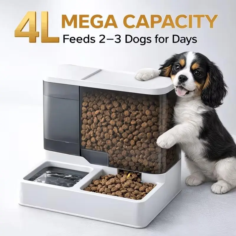4L Large Capacity Pet Feeder and Waterer Set, Visible Storage Box, Dual Bowl Gravity Feeding Station, Suitable for Small Dogs and Cats