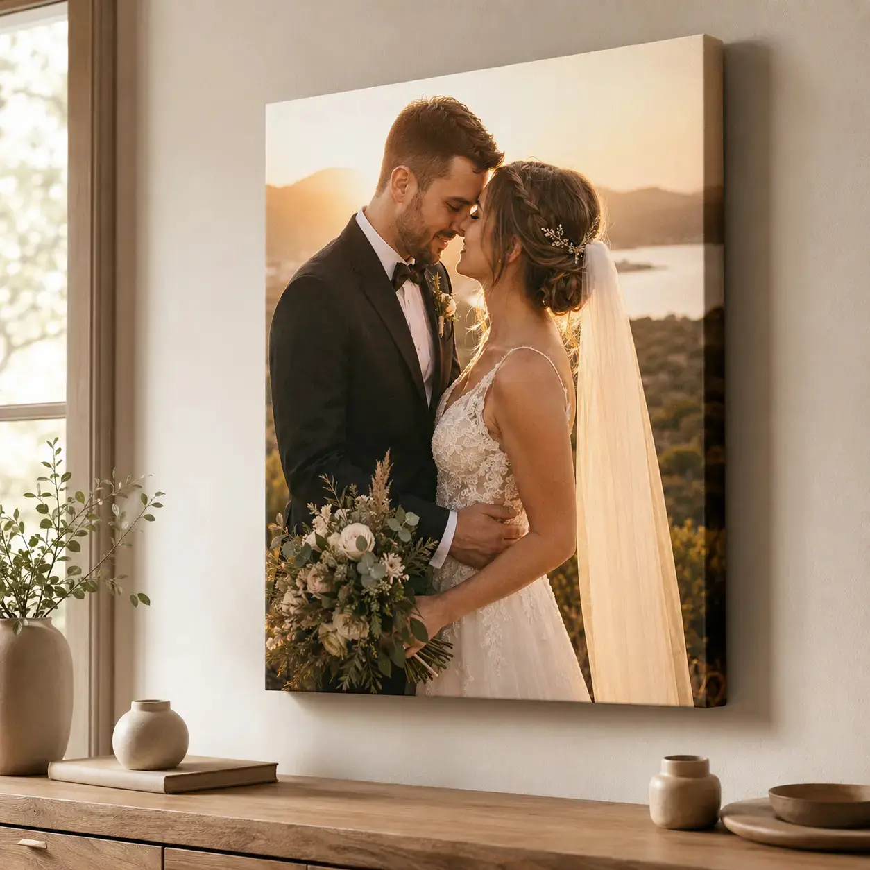 Custom Wedding Couple Photo Canvas Wall Decor Print - Personalizable Romantic Arrangement Wall Arts, Minimalist Sunset Wood Portrait for Newlywed Bedroom, Multi-Size Wedding Anniversary Valentine Gift, Personalizable Wall Arts