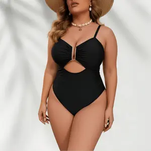 Women's Plus Size One-Piece Swimsuit Bikini Black Thin Strap Swimsuit with Metal Decoration on the Chest, Slimming Swimsuit with High Waist and Tummy Control swimwear summer beach day