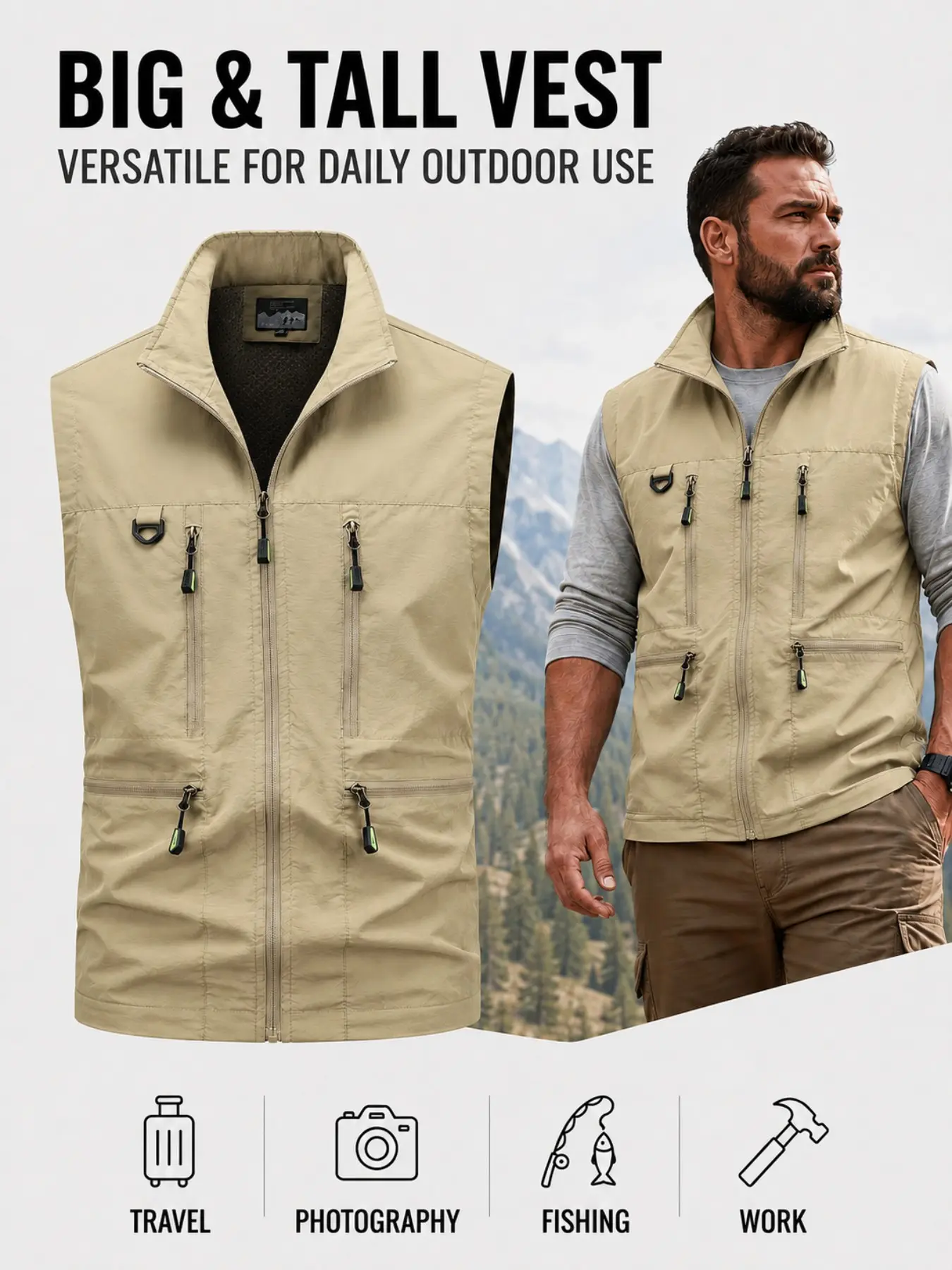 Men's Big & Tall Gilet, Multi-Pocket Zipper Vest, Casual Solid Color, All-Seasons, Ideal for Outdoor Activities, Comfortable Fit