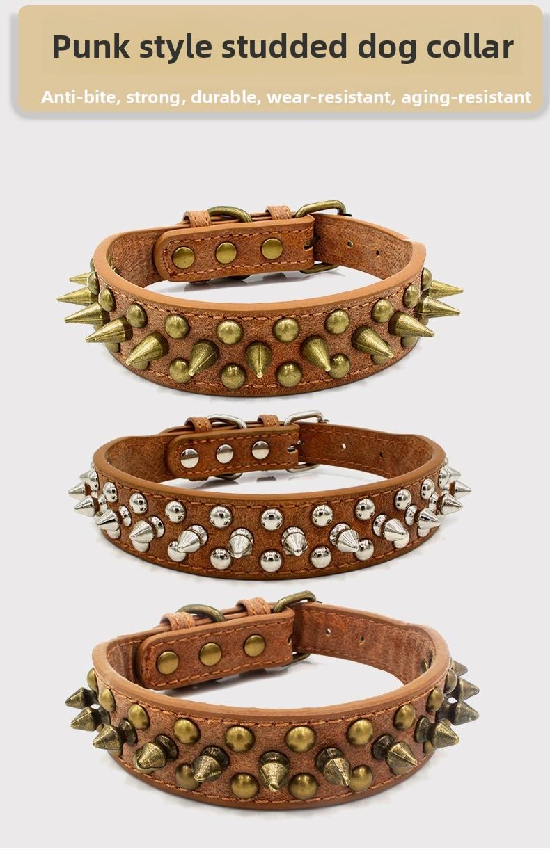 Spiked Leather Dog Collar, Heavy Duty Anti Chew Adjustable Dog Collar with Metal Buckle for Medium to Large Dogs, Punk Style Pet Collar for Walking Training