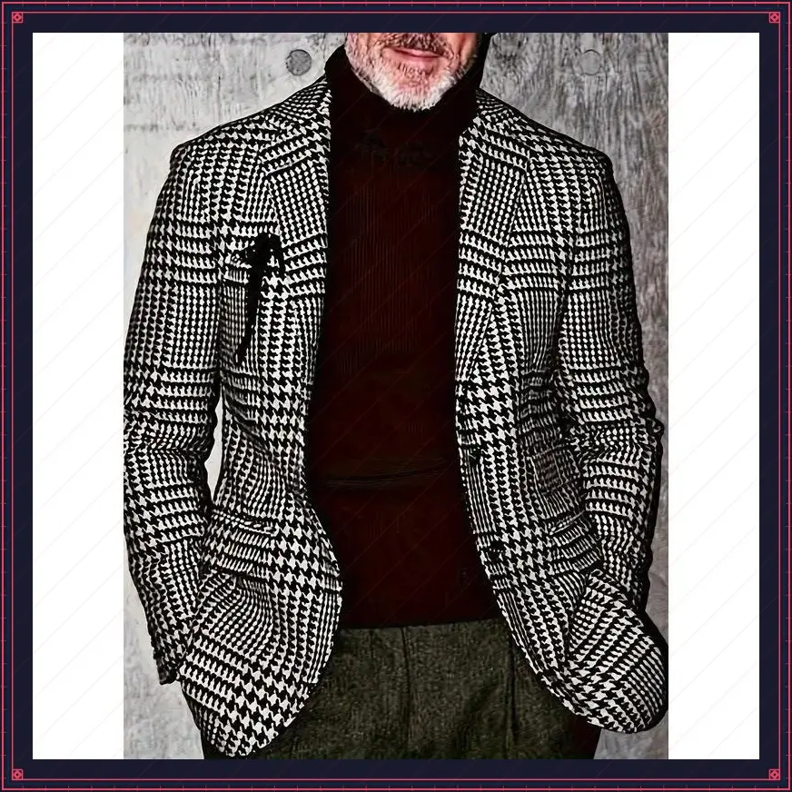 pc Men'S Classic Houndstooth Blazer - Casual Polyester Suit Jacket with Lapel Collar, Button Details, Woven Fabric, Non-Stretch - Regular Fit for Spring/Fall Season Menswear Long Sleeve suits Plain Grey Formal Beige