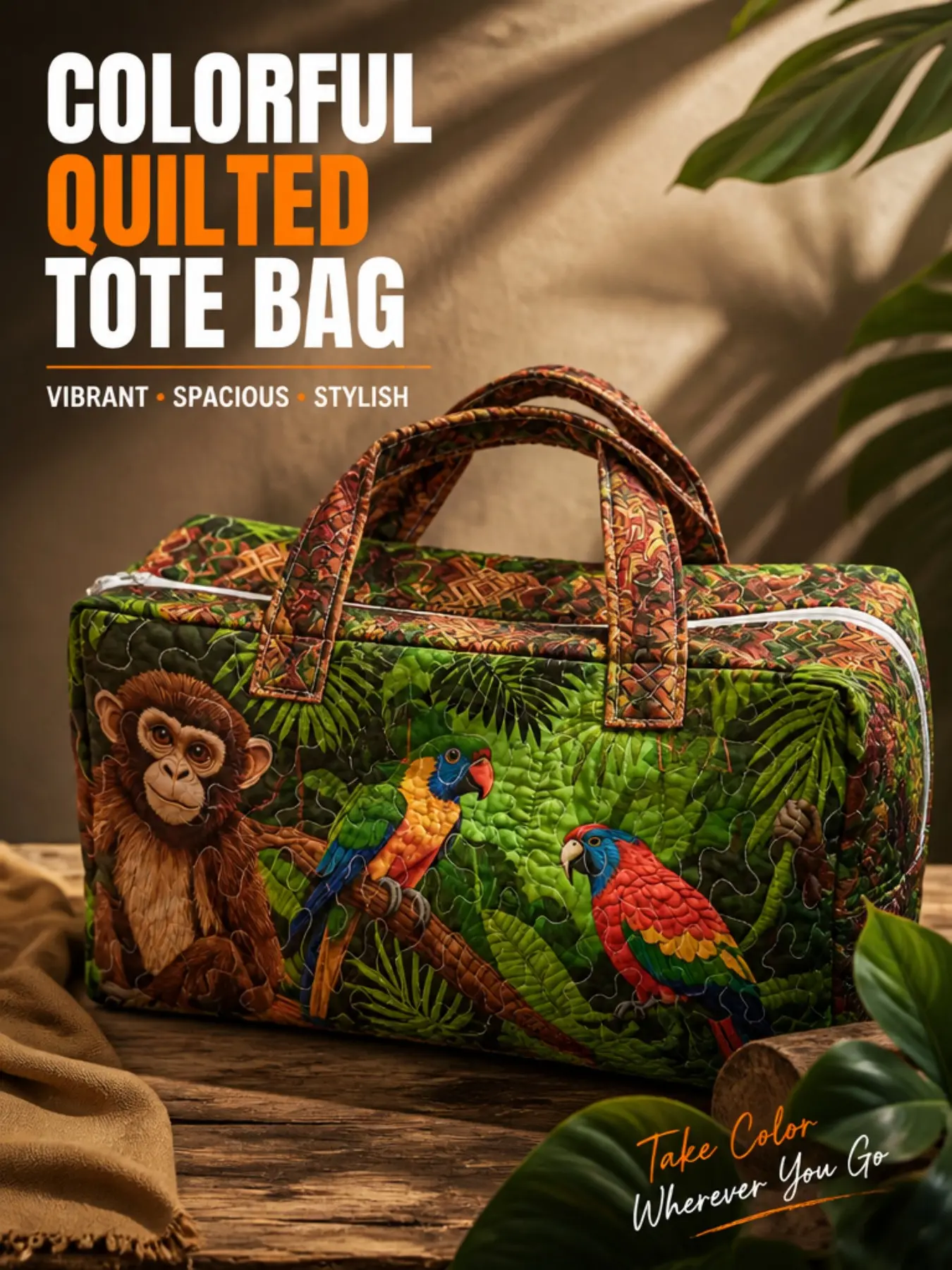Tropical Rainforest Print Quilted Handbag, Large Capacity Soft Quilted Weekend Travel Bag, Lightweight Overnight Fitness Luggage, Ideal for Outdoor Trips and Vacations