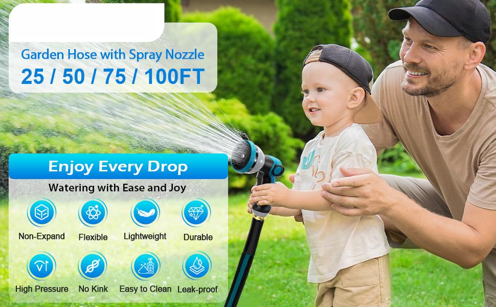 100FT Non-Expandable Garden Hose, Flexible Water Hose with Spray Nozzle, Kink-Resistant, Leakproof 3/4" Brass Connectors, Lightweight & Portable Water Pipe for Yard, Lawn Outdoor