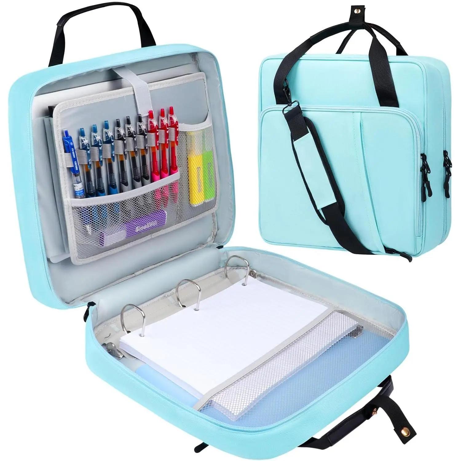 3 D-Ring 2 Inch Zipper Binder with Shoulder Strap, Waterproof Oxford Binder 500 Sheets Capacity, Multi-Pockets Organizer Bag for 13 Inch Laptop, Ideal for College Office, Blue