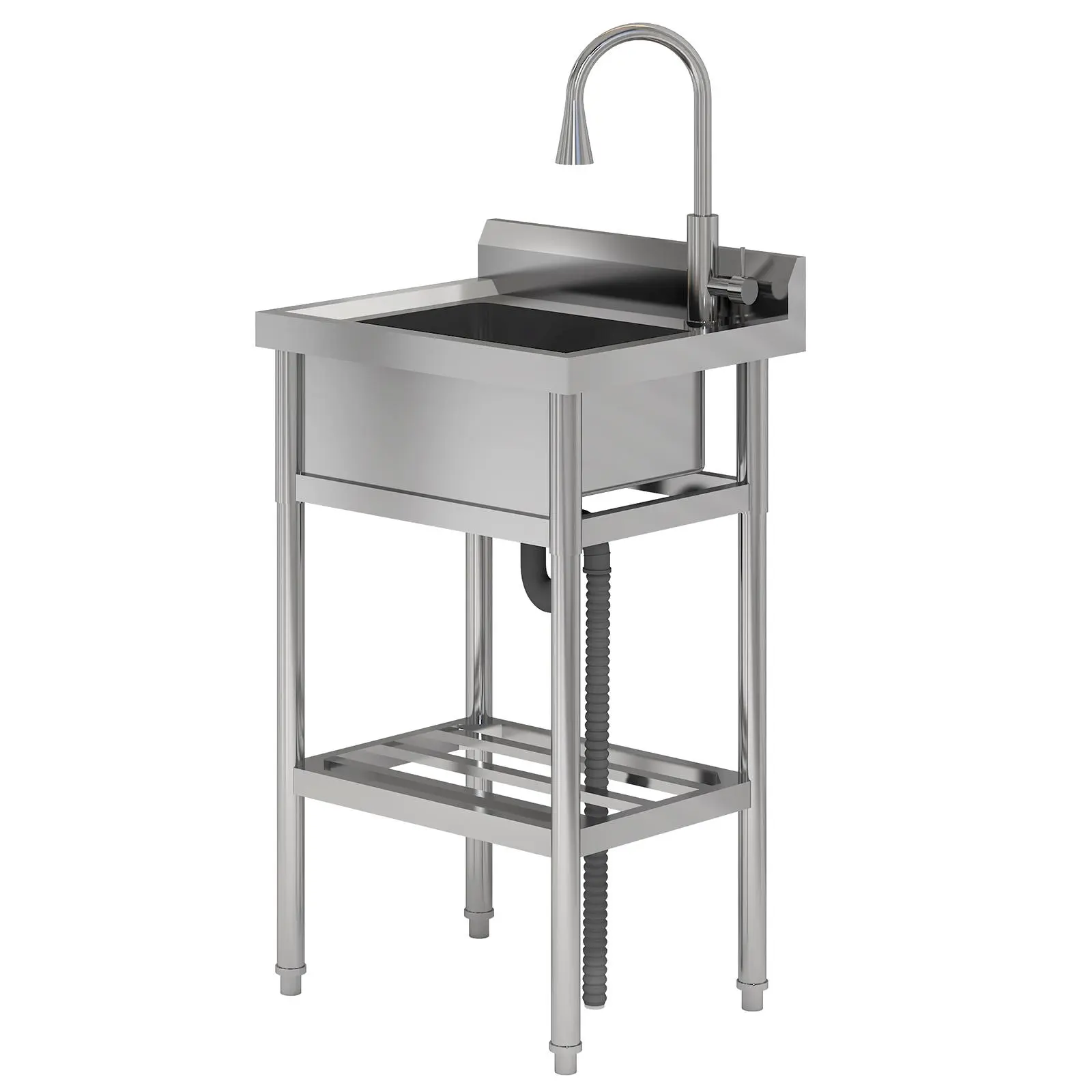 Commercial Stainless Steel Freestanding Utility Sink - Heavy-Duty Single Bowl with Pull-Out Spray Head, Workbench, Storage Shelf, Adjustable Design, Large Size, Hot & Cold Water Control, Integrated Plumbing for Garage, Restaurant