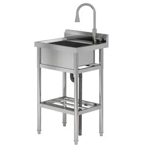 Commercial Stainless Steel Utility Sink Freestanding Laundry Basin with Pull Out Sprayer Faucet and Workbench Heavy Duty Single Bowl Kitchen Utility Sink with Storage Shelf for Garage Outdoor Patio Restaurant