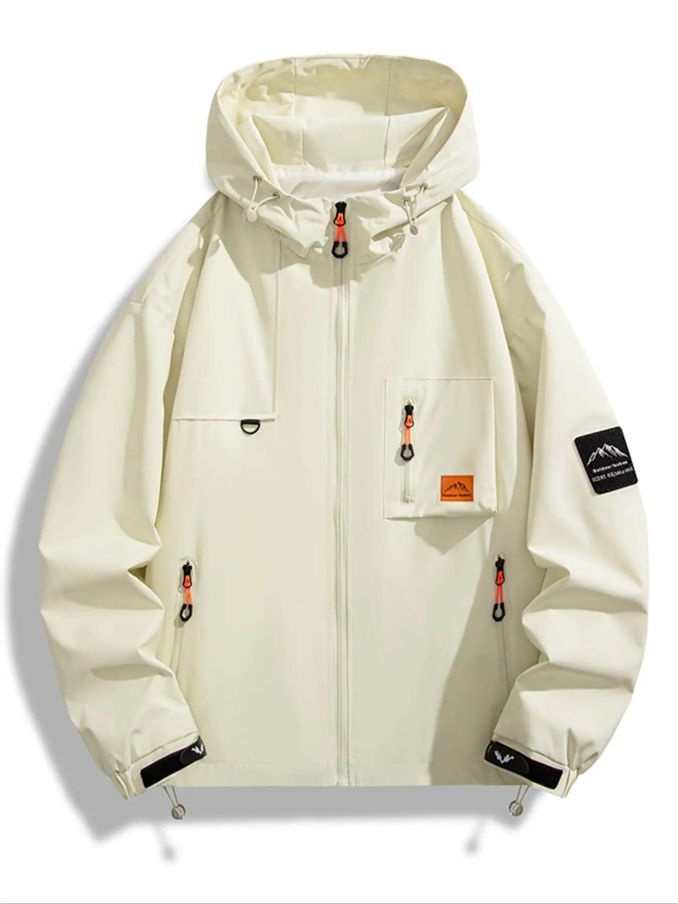 Men's Functional Jacket with Multiple Pockets, Hooded Outdoor Trendy Patchwork Coat, Casual Fitted Style for Spring & Fall, Long Sleeve