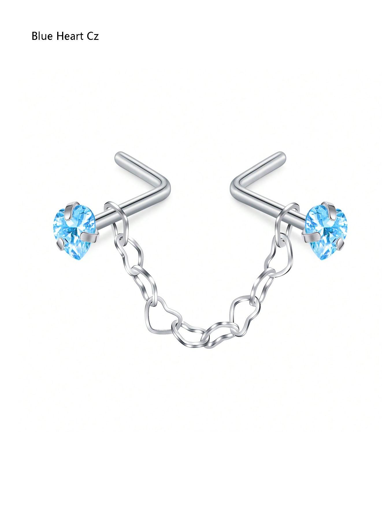 Fashion Stainless Steel Nose Ring with Chain, Cubic Zirconia Heart Design, Synthetic Zircon L-Shaped Piercing Jewelry
