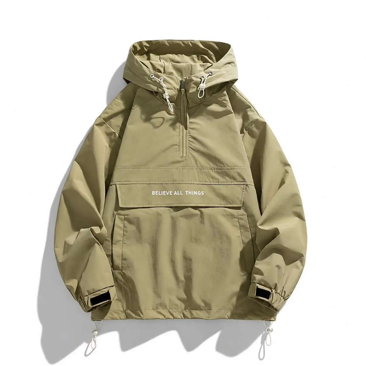 Men's Half-Zip Lightweight Hooded Windbreaker Jacket - Elastic Drawstring Hem, Side Pockets, Pullover-Style, Oversized Print Streetwear Tops - All-Season Casual Menswear for Teens/Adults (Olive Green & More Colors)