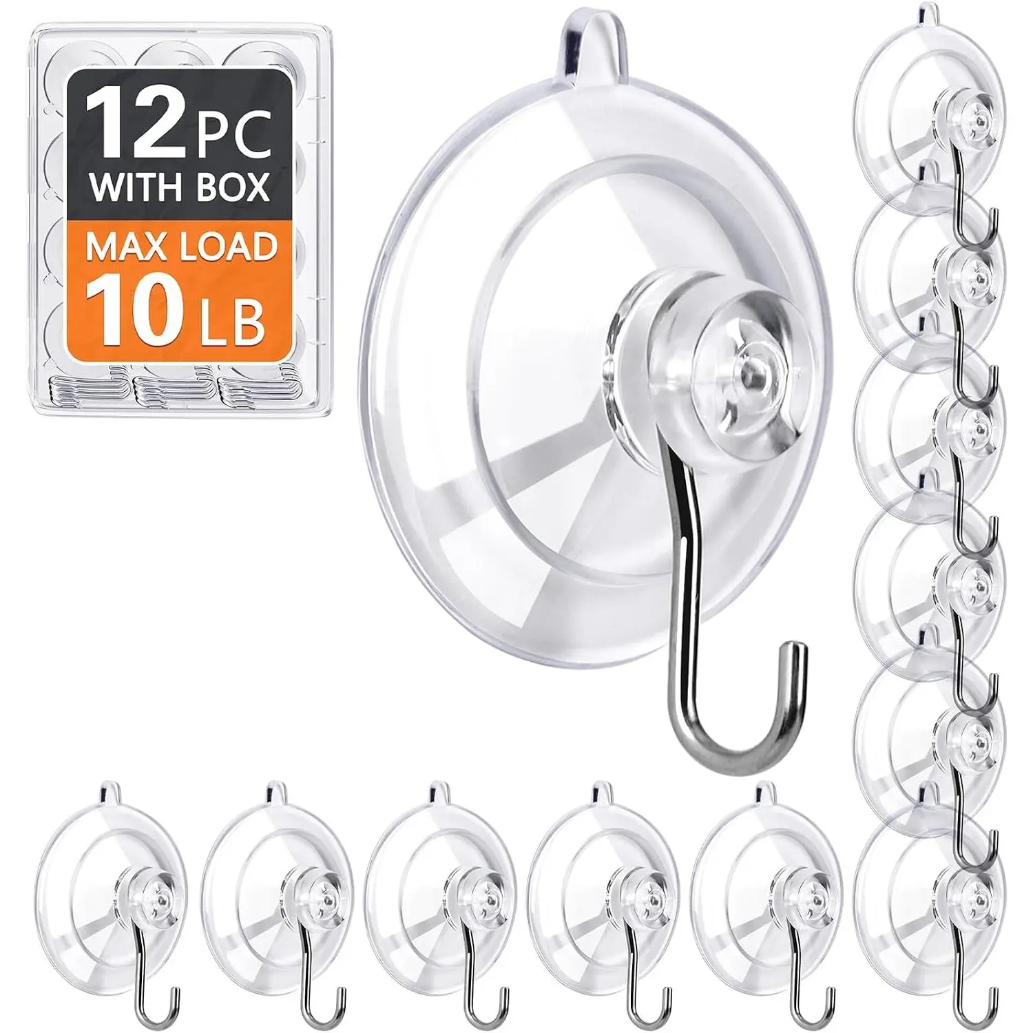Suction Cup Hooks 12Pack - Max Load 10LB, 1.77Inch Clear Medium Suction Cups, No Trace,  & Removable, Stainless Steel Hooks, for Tile, Glass, Window, Shower, Kitchen, Bathroom